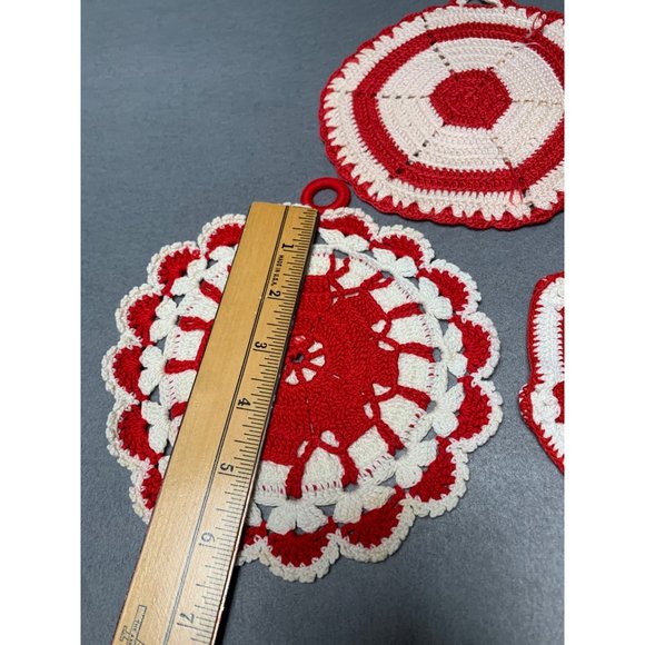 Handcrafted Vintage Crochet Potholders Set of 3 Red & White Cotton Kitchen Decor - Picture 4 of 7